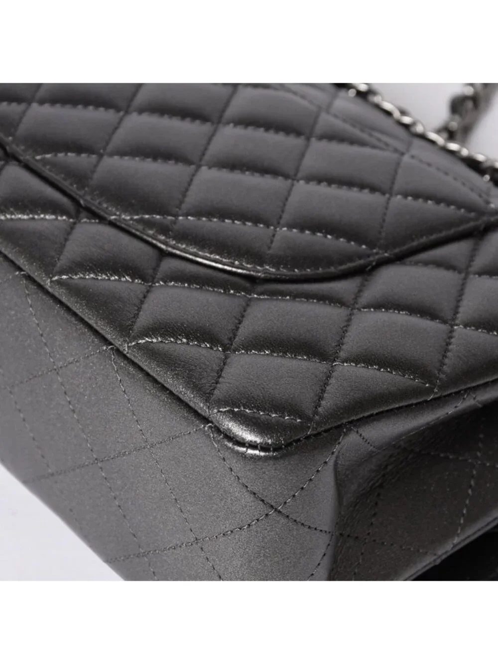 Chanel Quilted 25 Double Flap Chain Shoulder Bag Shine Gray Lambskin Silver